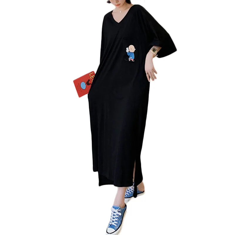 

Summer korean ladies slit cotton V neck casual dresses women pius size big maxi t shirt dresses