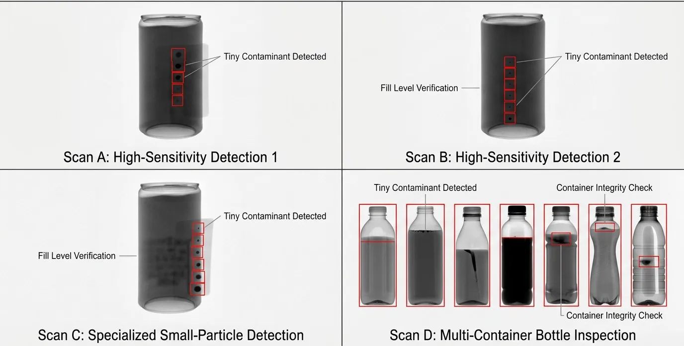 X-ray scan evidence of liquid level and contaminants in cans and bottles