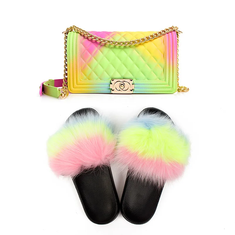 

Top Selling sandals and bag set wholesale New Arrivals Colorful Handbag Jelly Bag and fur slides Ladies purse and shoes sets