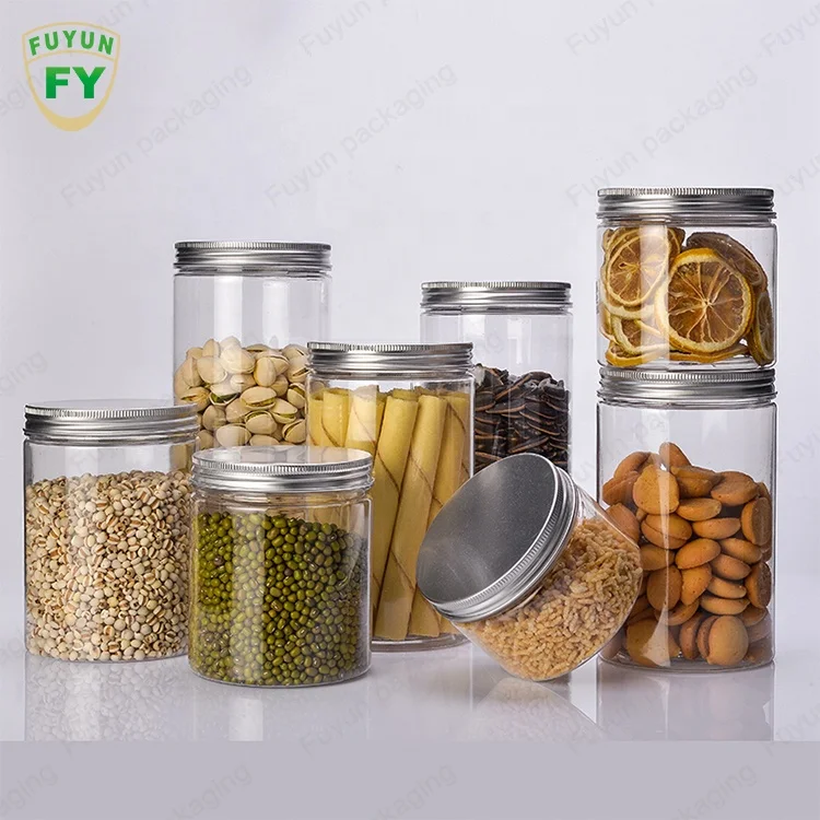 

Fuyun 250g Round Clear Cookie Pet Plastic Container Candy Food Packing Jar Wide Mouth Food Storage Jar with Gold Aluminum Lids