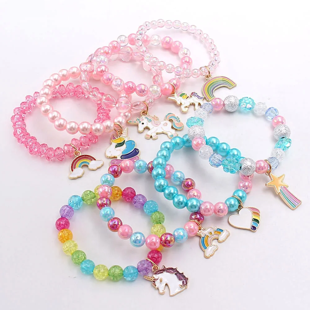 

Hot Selling Rainbow Beaded Acrylic Bracelet Cute Dripping Unicorn Rainbow Pendant Bracelet For Children, Many colors available