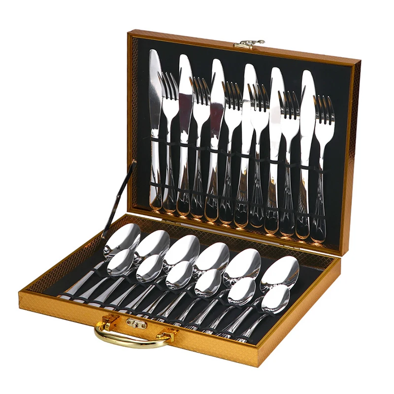 High Grade Mirror Polish 24-Piece Silverware Knife Fork and Spoon Set with Gift Box Stainless Steel Metal Flatware Set