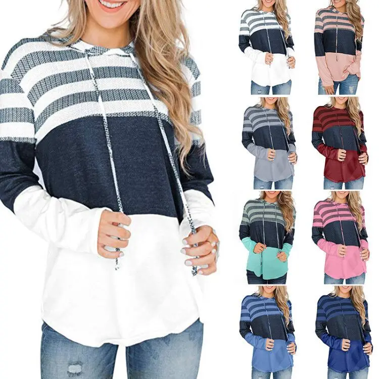 

New Arrival Women Long Sleeve Striped Colorblock Drawstring Hoodie Sweatshirt Dress Top Blouse Hoodies Tie Dye Pullover Tops