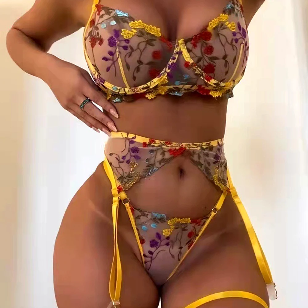 

2022 Fashion Women Floral Lace Embroidered Mesh Erotic Lingerie For Valentine's Day Sexy Transparent Lingerie Set, As the picture
