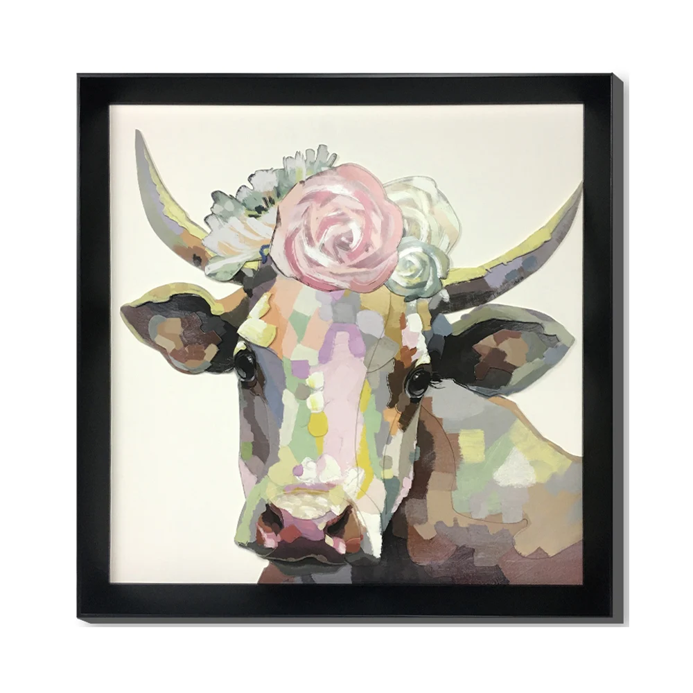 

free shipping Europe Style Cow with Flower Paper Collage Frame Art Painting 57*57*43.5cm, Multi