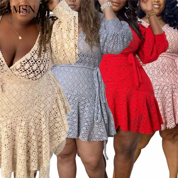 

New Arrival Casual V-Neck Solid Color Perspective Hollow Plus Size Dress Women Clothes Dresses