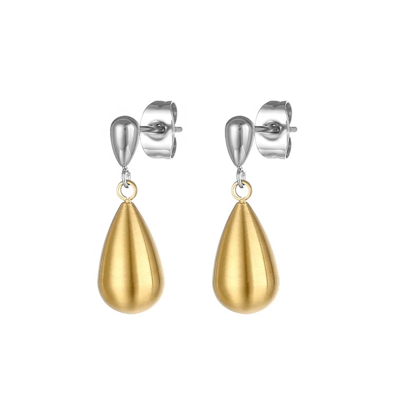 

Hypoallergenic Unique Simple 18K Gold Plated Stainless Steel Two Tone Long Dangle Water Drop Shape Stud Earrings for Women 2023