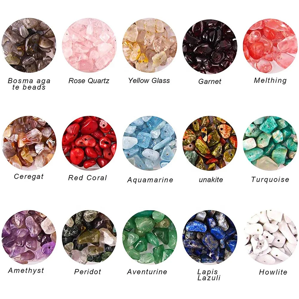 

Gemstone Beads Natural stone Chips 15 Color Assorted Box Loose Beads Crystal Energy Stone Healing Power for Jewelry Making, As picture