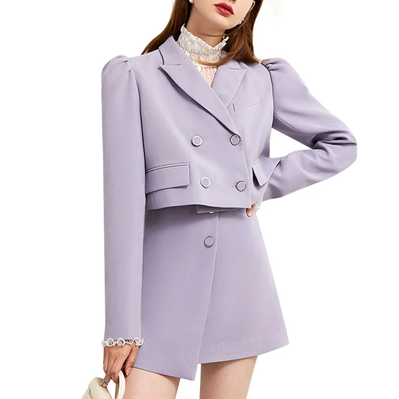 

Autumn and winter 2021 gray-purple double-breasted lapel skirt woman two piece suit womens suits woman blazer formal office
