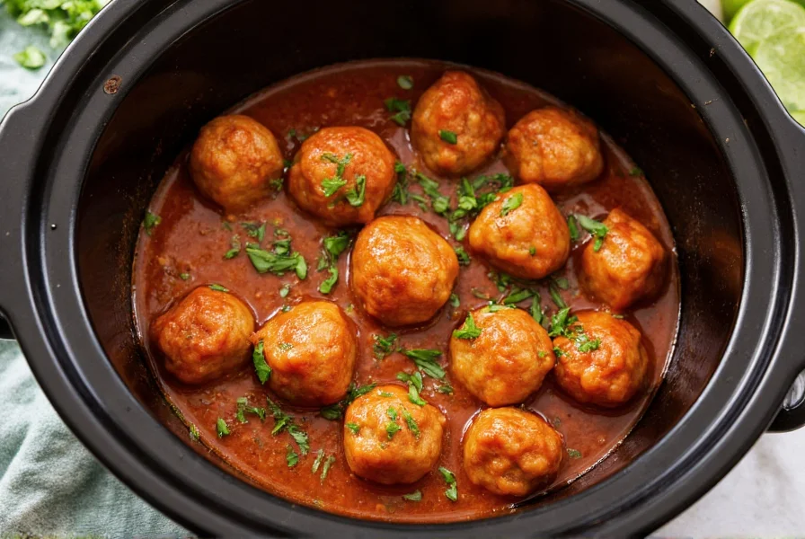 Slow cooker filled with glossy meatballs coated in sweet and tangy sauce, garnished with fresh parsley
