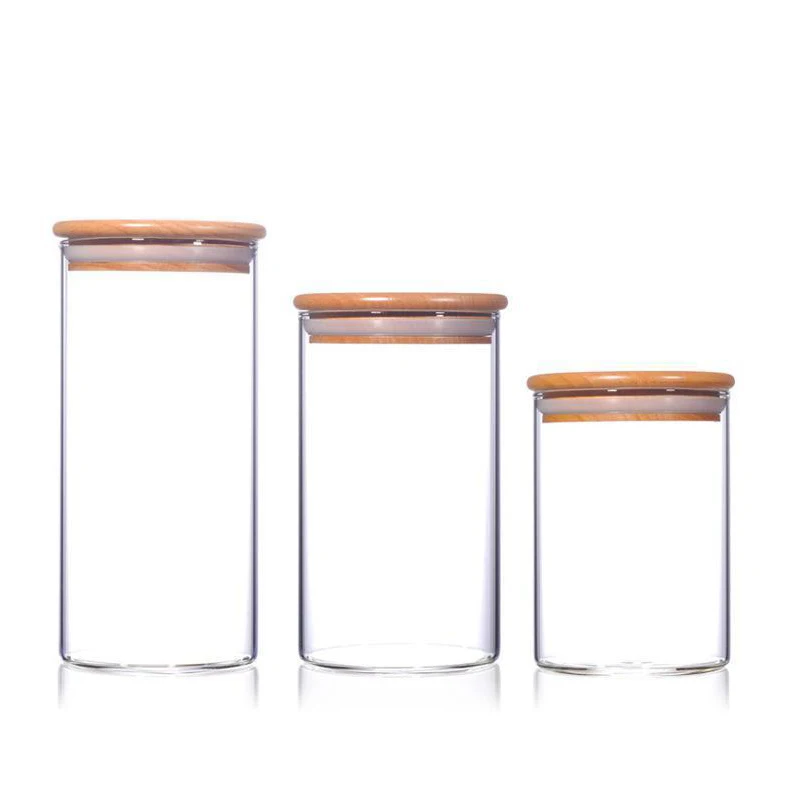 

kitchen Food Storage glass jar with bamboo wood lid Glass Jar with lid container, High transparency