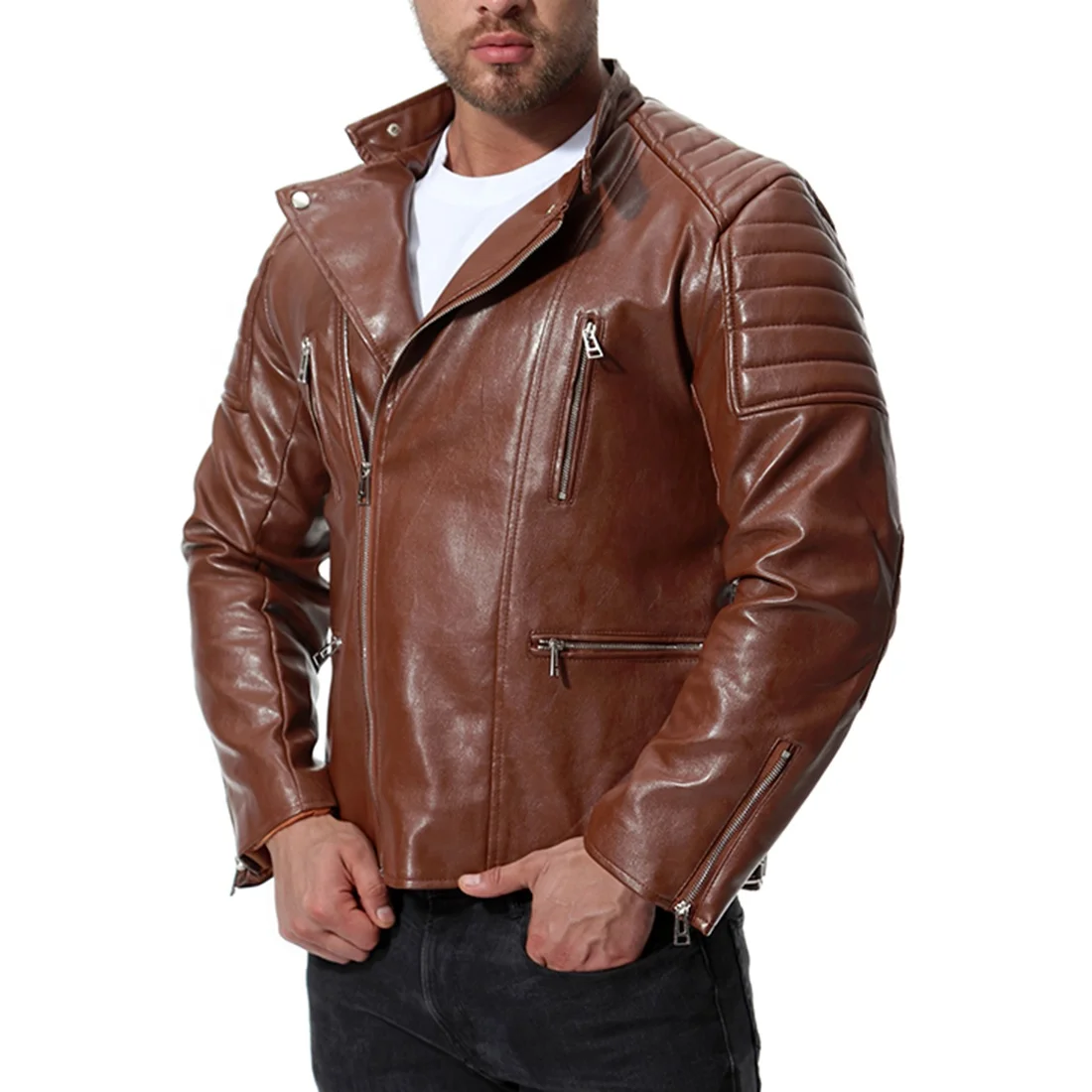 
Custom Wind Breaker Pu Leather Jacket Fashionable Mens Leather Jacket For Men Winter Bikers 