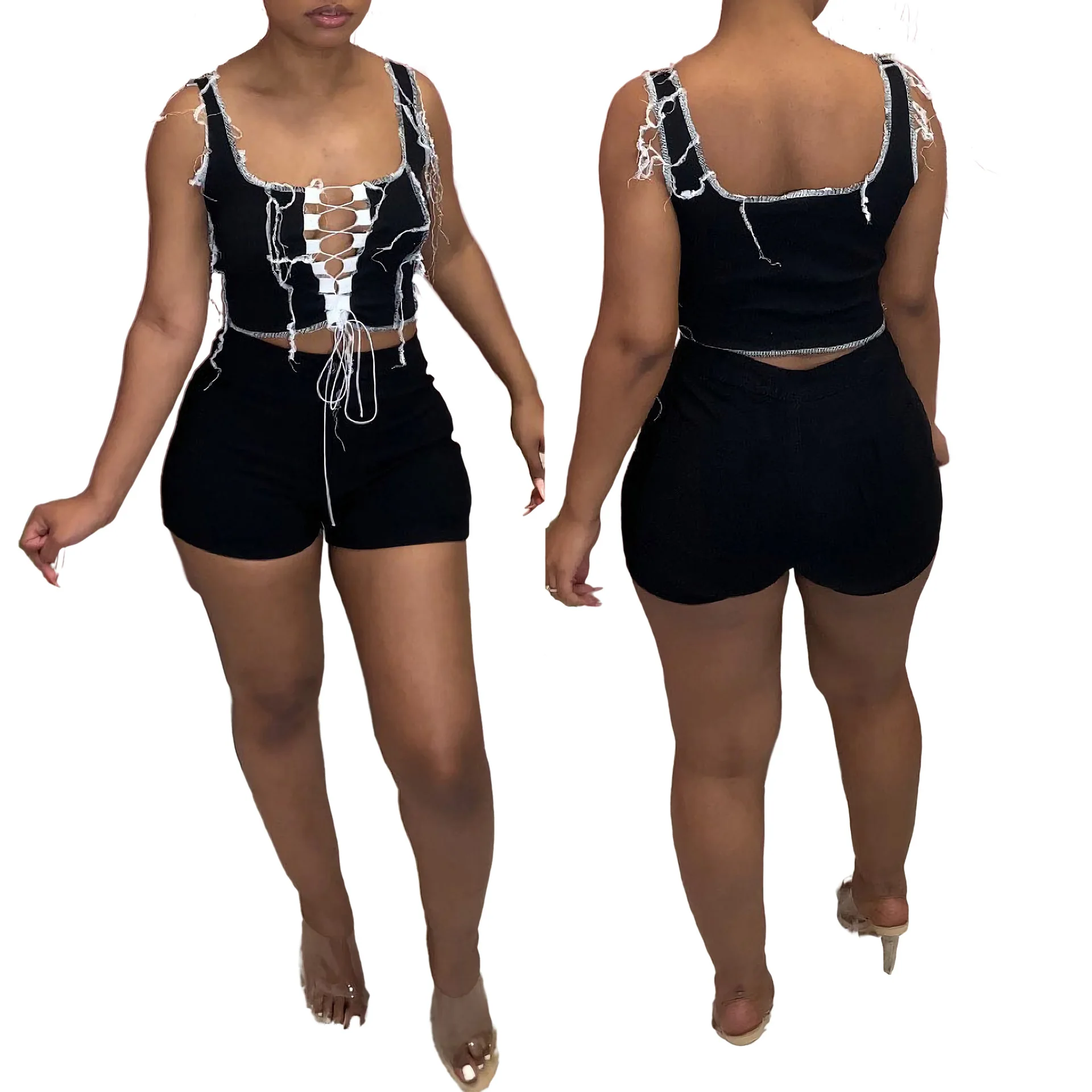 

Summer Camisole Lace Up Crop Top Nightclub Plus Size Outfits Two Piece Biker Short Sets For Women