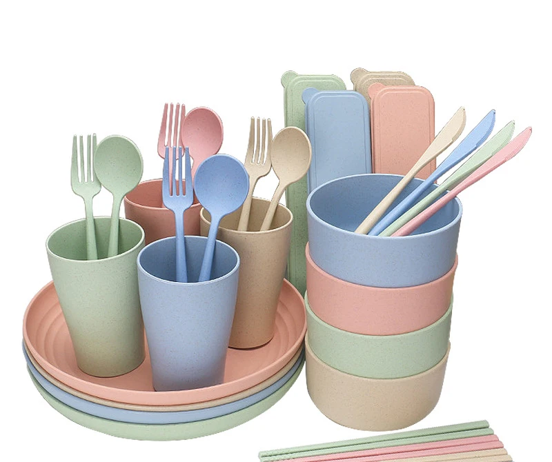 

WHY01 Wheat Straw Dinnerware Sets Bowl Cup Plate Knife Fork Spoon Chopsticks 28/32pcs Set Portable Tableware Set, 4 colours