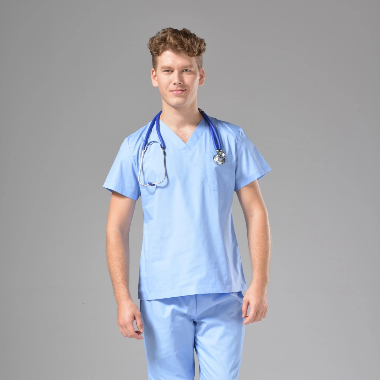 

FUJU Medical Scrubs Unisex V Neck Nurse Uniform Anno Medical Scrub Uniform Cyan OEM Spandex HEN Time Lead Fabric Doctor Support