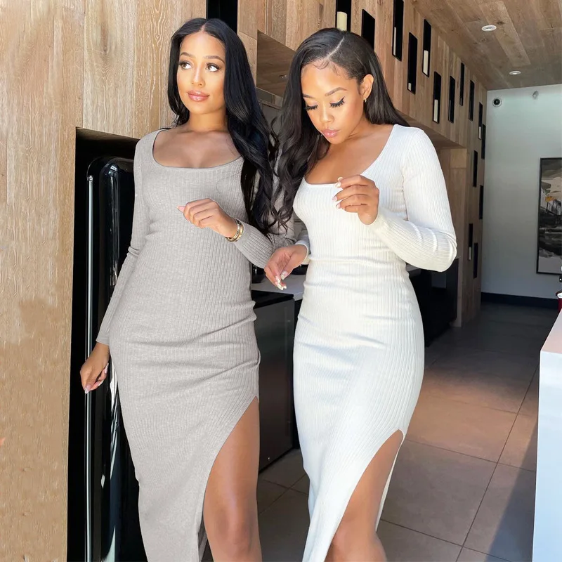 

Amazon Hot Sale Autumn Casual Dress Square Neck Long Sleeve Split Ribbed Bodycon Dress, Photos show