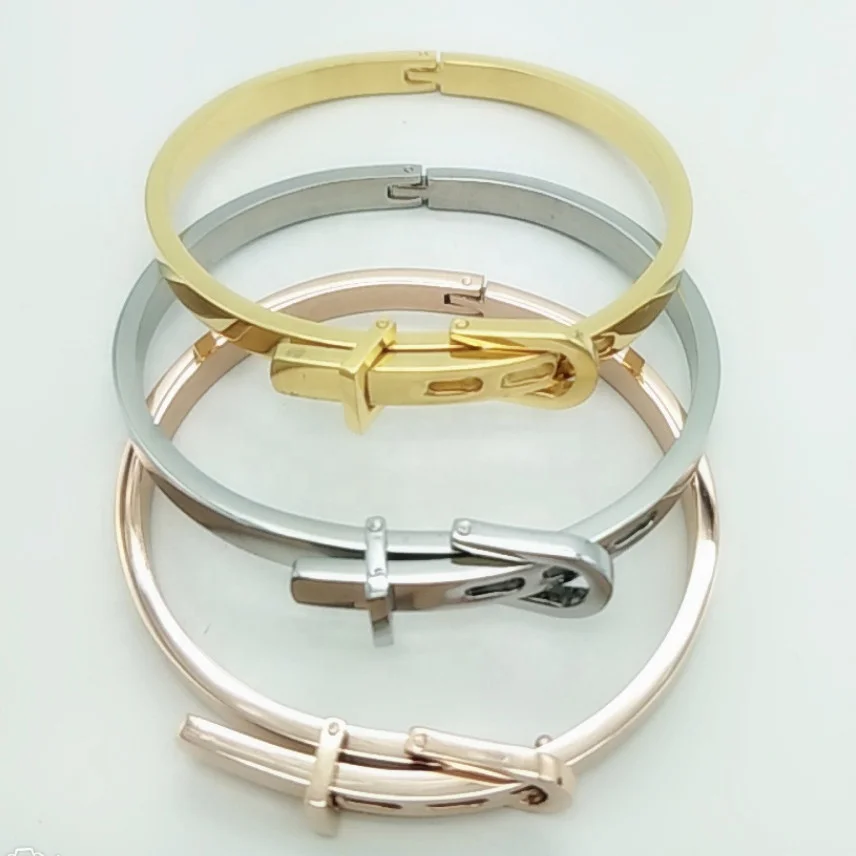 

wholesale custom oem 316L stainless steel fashion jewelry gold plated belt buckle design cuff bracelet bangle for women, All common color are available