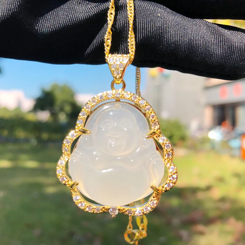 

Custom Luxury Unisex Hip Hop Jewelry 18k Gold Plated Iced Out Jade Diamond Buddha Pendant Necklace