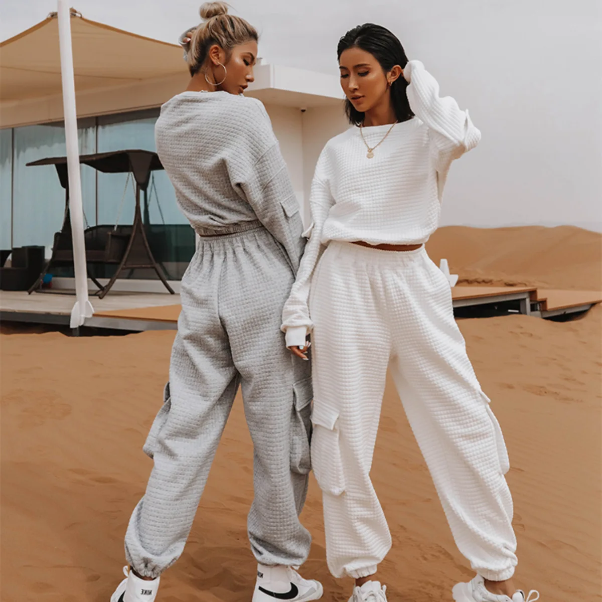 

Custom casual long sleeve knitted hoodies two piece pants set fall winter lounge wear 2 piece jogger sweatsuit sets women, Customized colors