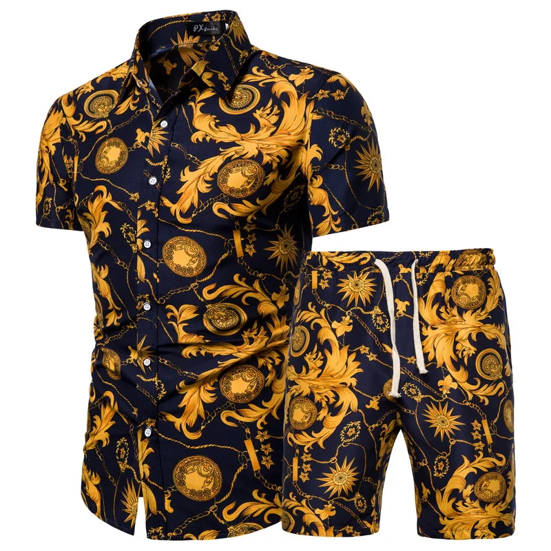 

New Arrival Men Summer Printed Short Sleeve Shirts And Shorts Set Beach Wear 2 Piece Set, As pics print