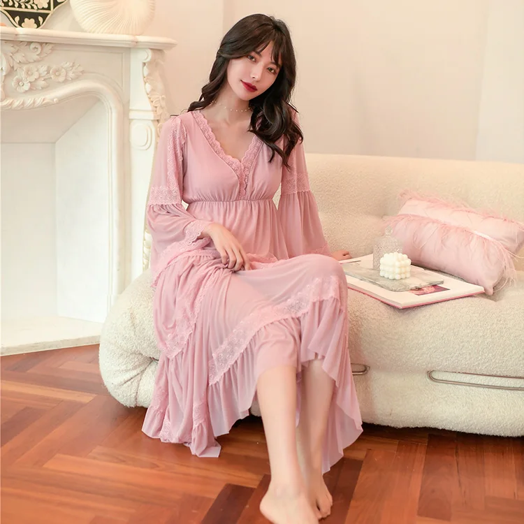 

Spring 2021 long sleeve modal fabric pajamas women lace cake layer nightdress with breast pad, White, bean paste (dark pink), bean green, red