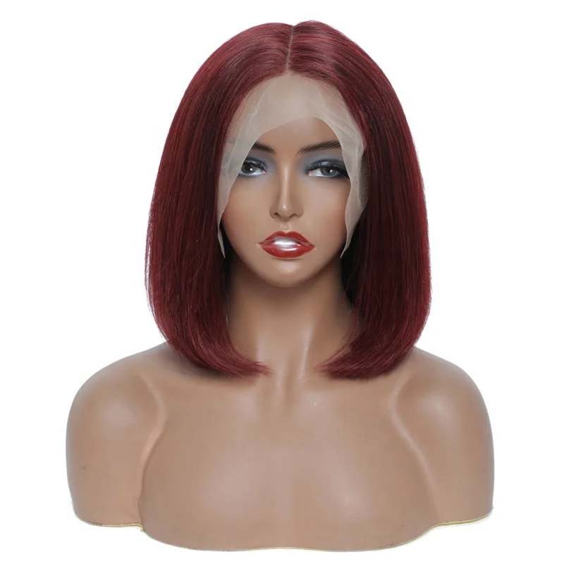 

100% human hair wig Malaysian short #99J Color Bobo Lace 13*4 Frontal Wig