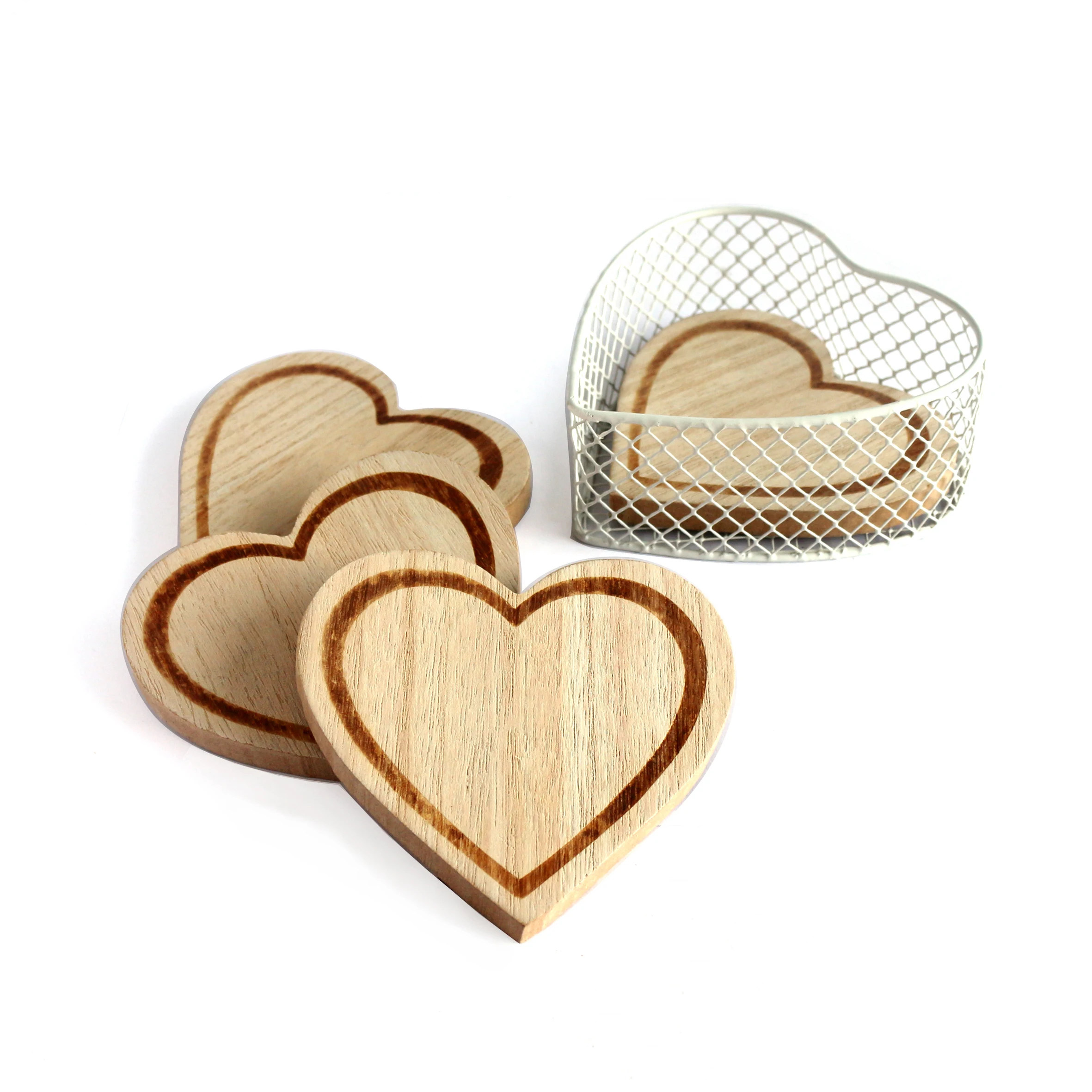 

Engraving Heart Shape Wooden Coasters Set with Basket Holder For Wine Glasses, Beer, Whiskey, Cocktail, Coffee, Tea, Beverages