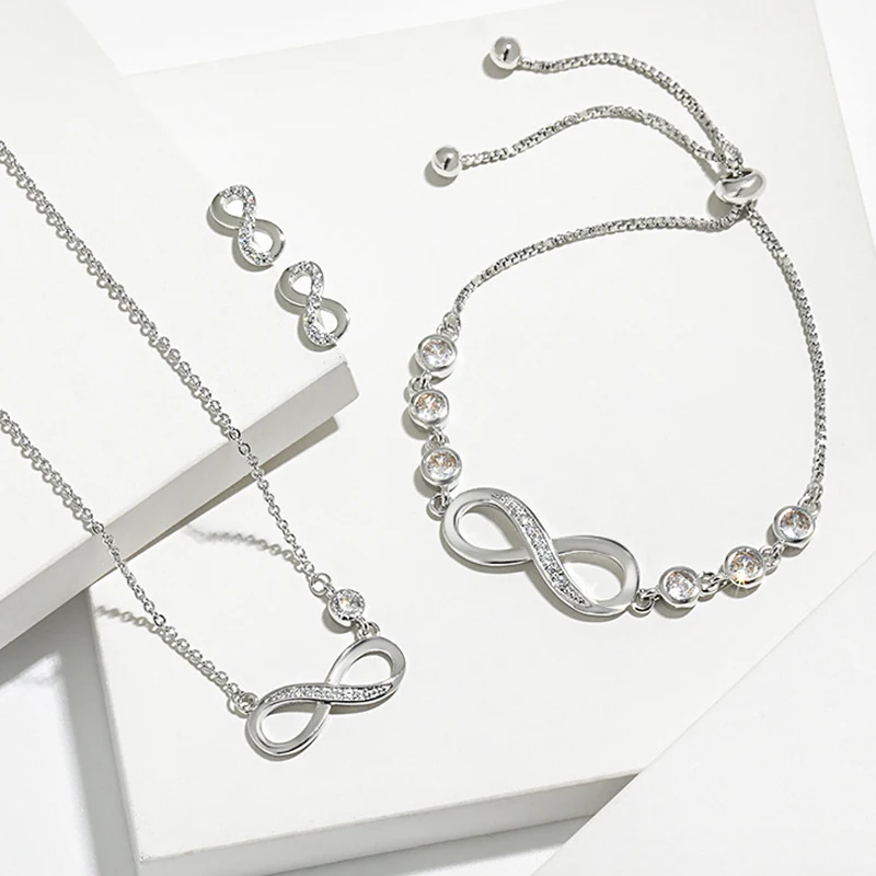 

Trendy Silver Eternal Infinite Symbol Necklace Bracelet and Earrings Set Adjustable Zircon 8 Shape Infinity Silver Jewelry Set