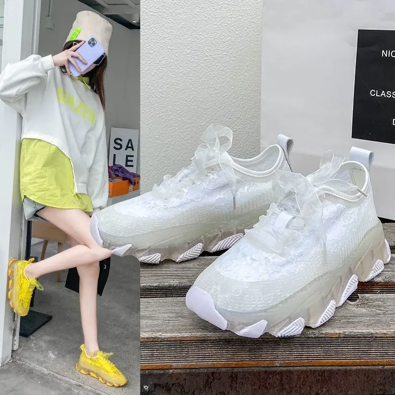 

Women Shoes 2021 Fashion Summer Casual White Shoes Cutouts Lace Hollow Breathable Platform Shoes Women Sneakers Yellow