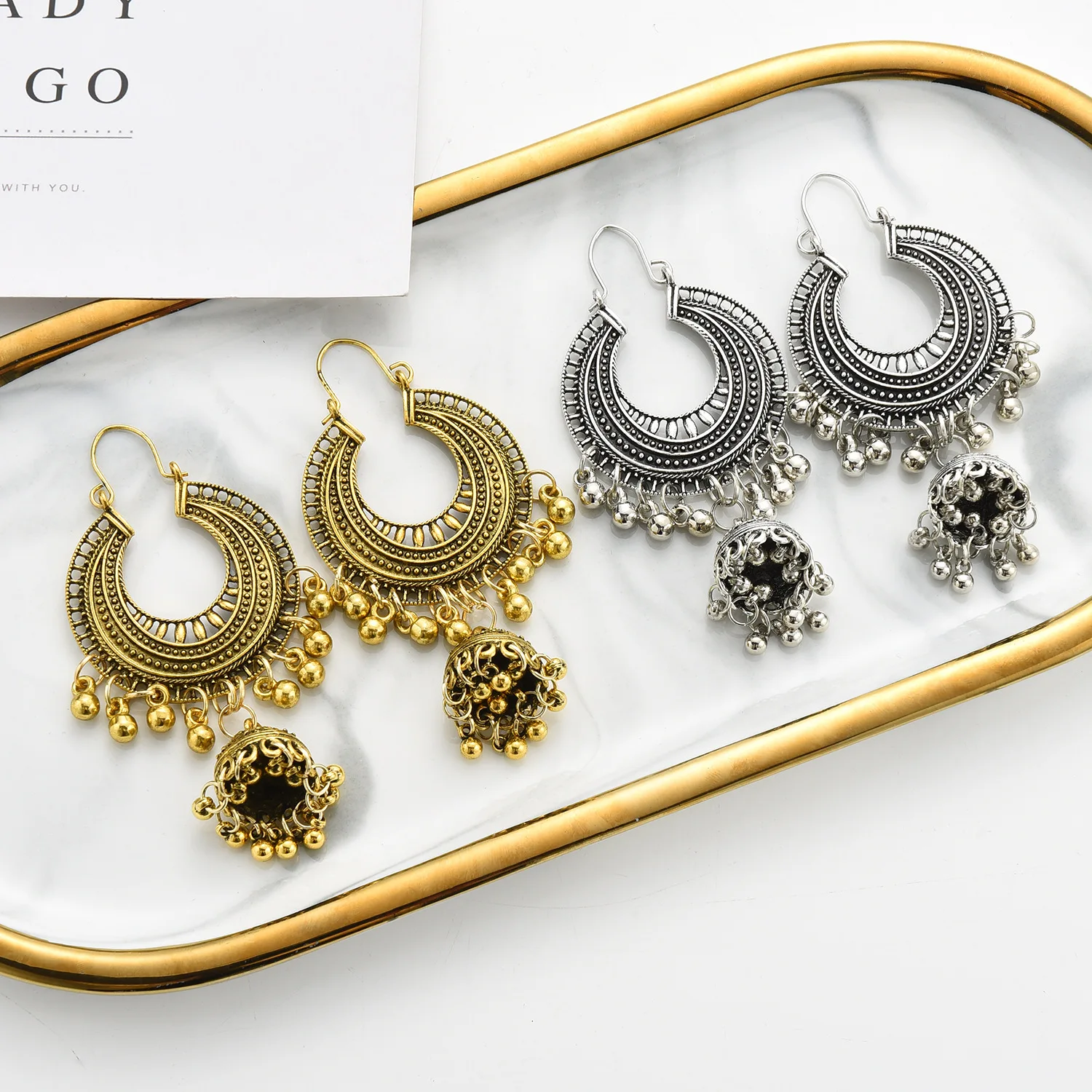 

Explosion Bells Indian Style Silver Gold Carved Flower Balls Tassel Drop Earrings For Women Earrings, 2 colors