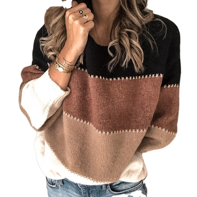 

2020 European And American Casual Autumn Winter Color Block Splicing Sweater