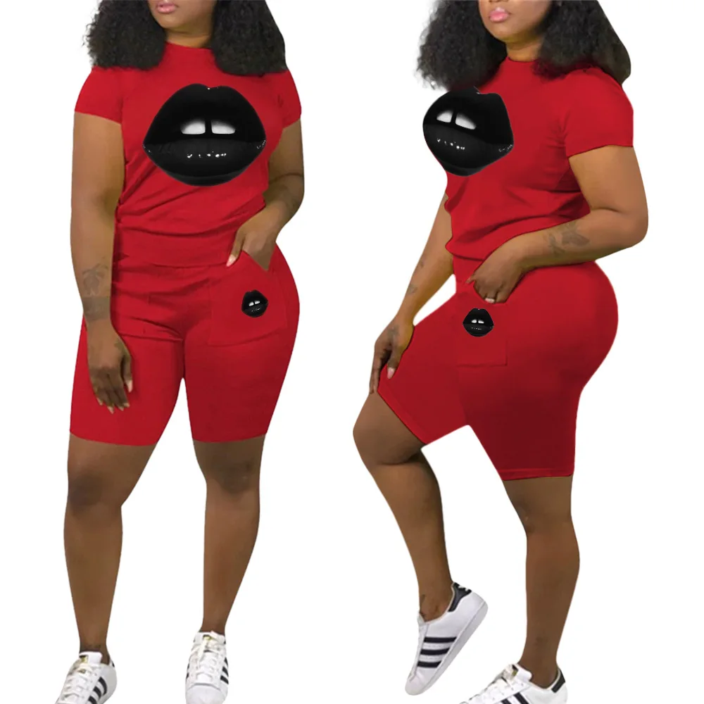 

2020 Summer Arrivals 6colors Woman Clothing Lip Print T Shirt Shorts Two Piece Tracksuits 2 Piece Short Set Outfits, Picture color