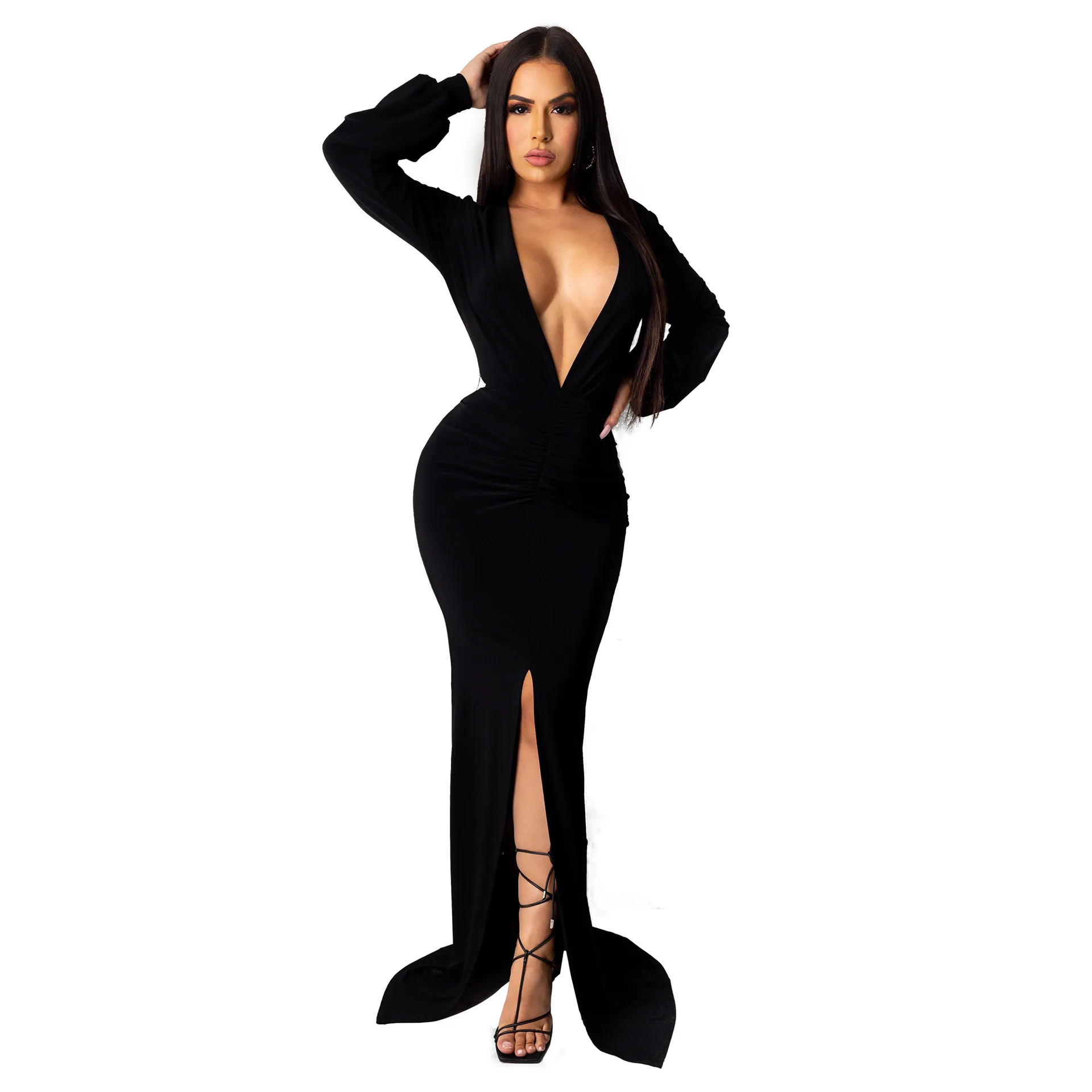 

Fall 2021 Women Deep V-Neck Solid Color neon plus size dresses women Sexy Fashion Fishtail elegant maxi casual Ballgown Dress
