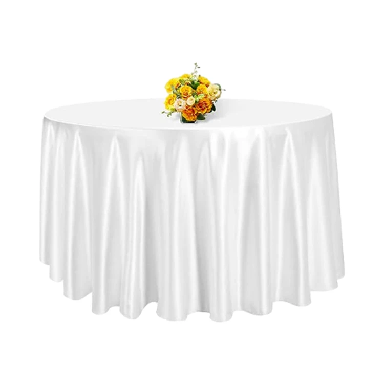 

Custom Satin Tablecloth Round White Luxury Printed Party Event Table Cover for Wedding