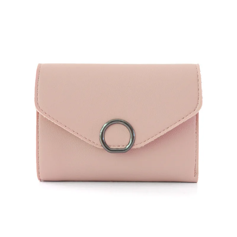 

2021 New Student Trend PU Short Women's Small Circle Decoration Tri-Fold Simple Buckle Wallet Small Purse