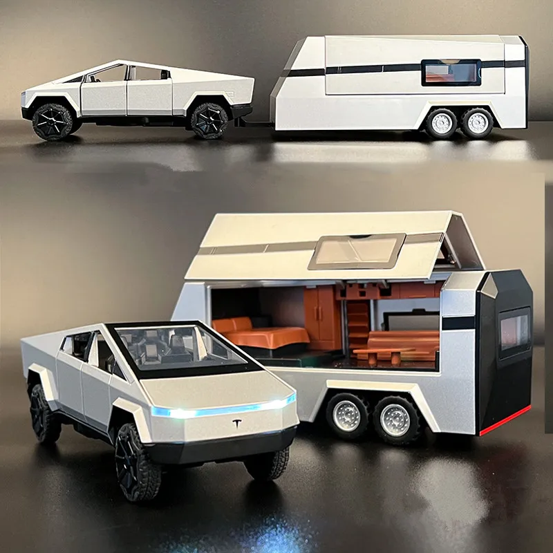 

1:32 Tesla Cybertruck Pickup Trailer Diecast Alloy Car Model Metal Off-road Vehicles Truck Model Sound and Light Kids Toys Gift