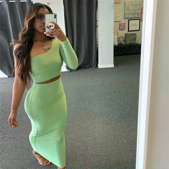 

B2861-2021 fashion women clothing one shoulder 2 pc fall set summer two piece skirt set, Picture color