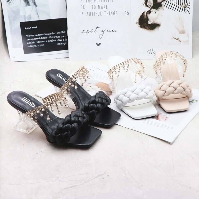 

Women Lady Female Luxury Sandals Open-Toed Clear Heel Metal Pearl Decoration Weave Heel Sandals