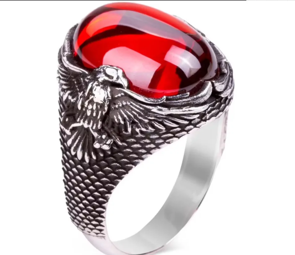 

Hot Selling Wholesale Eagle Shape Inlaid Red Gemstone For Men Rings Jewelry