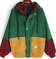 

The New Fashion Unisex Color Block Patchwork Corduroy Hooded Jackets Casual Outerwear