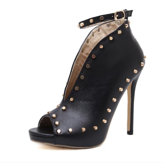 

Women Summer High Heel Ankle Boots Rivet Peep Toe Stiletto Ankle Strap Boots, Black