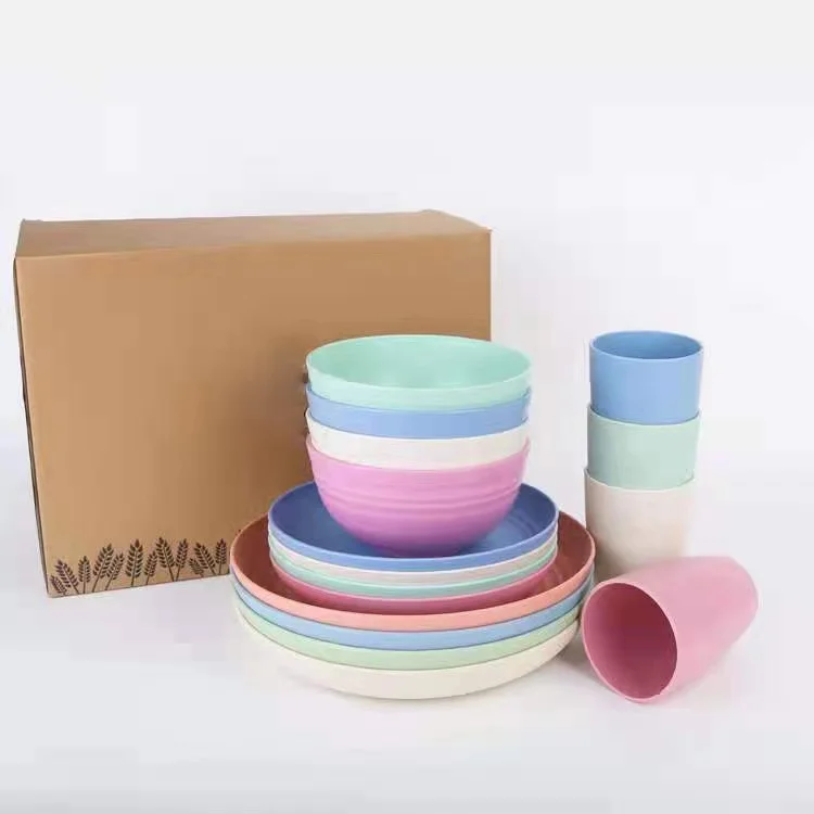 

Wheat Straw Tableware for 4 People 16 pieces Bowls Cups Plates OEM Customized Logo Eco-friendly Dinnerware Sets BPA Free