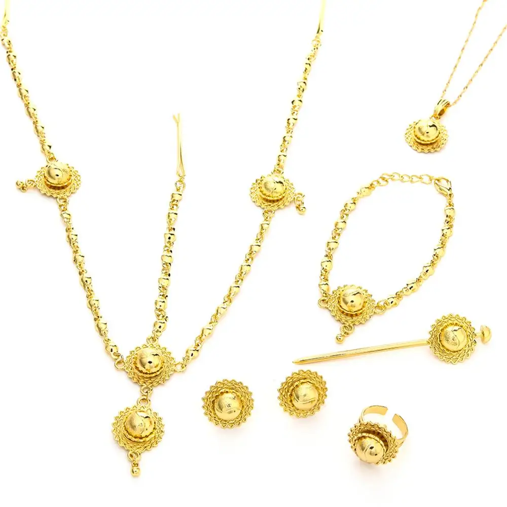 

Ethiopian Gold Color Necklace Round Pendant Earrings Ring Hairpin Bracelet Hair Chain Christian Jewelry Set