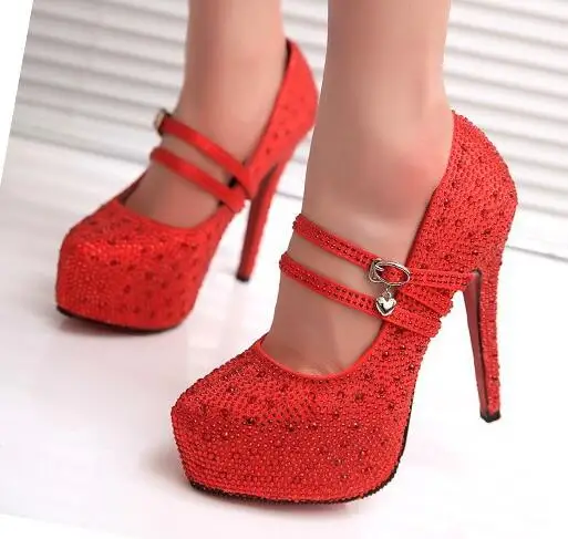

F21100A wedding shoes red high heels, water drill, women dress shoes, Red, white