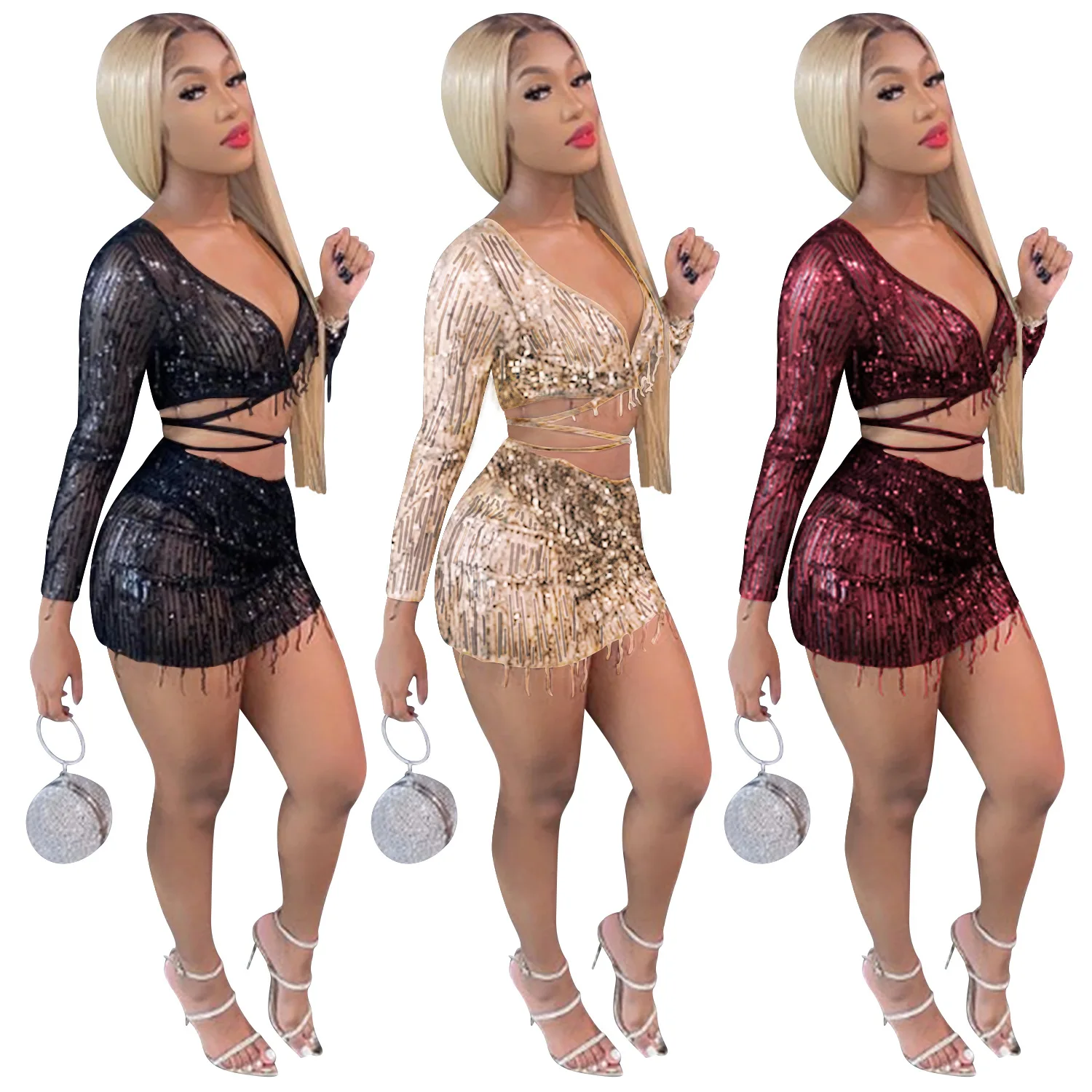 

Women's Lace tassel two-piece women's suit bling bling sequin Jumpsuit dress