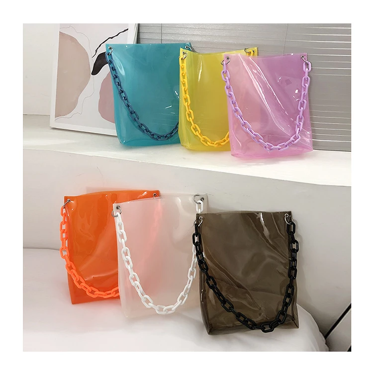 

Transparent Summer Women Shoulder Bags Simple Light PVC Jelly Bags Acrylic Chain Ladies Shopping Totes Clear Candy Color Handbag