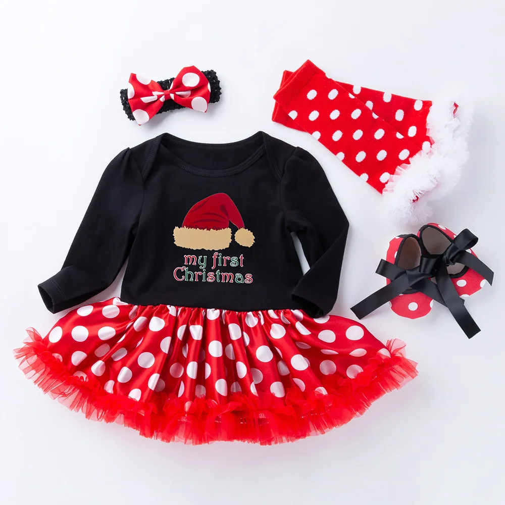 

Christmas High Quality Cotton Polka Dot Long Sleeve Romper Dress Satin Four-piece Girl Set