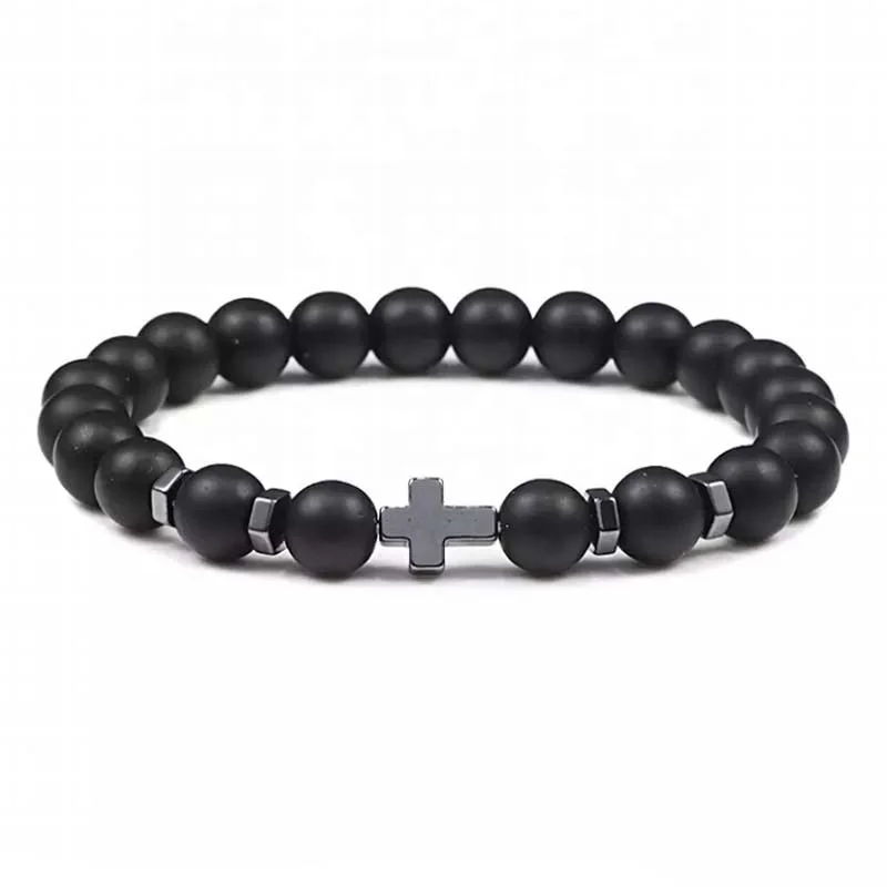 

Fashionable 8mm Natural Stone Volcanic Rock Bracelet Black Gallstone Cross Beaded Bracelet for Women and Men