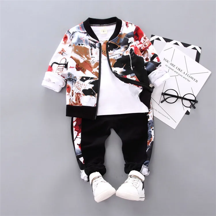 

Round Collar Boy Clothing Sets Autumn Spring Toddler Boy Jackets and Long Sleeve Shirt with Pant 3pc Sportswear Kid Clothes, White