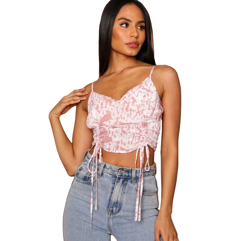 

Slim Backless Crop Top V Neck Drawstring Pleated Halter Tie Dye Crop Tank Tops, Multi